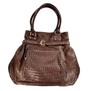 Elliott Lucca Brown Woven Leather Purse Bucket Hobo Shoulder Bag Double Handles